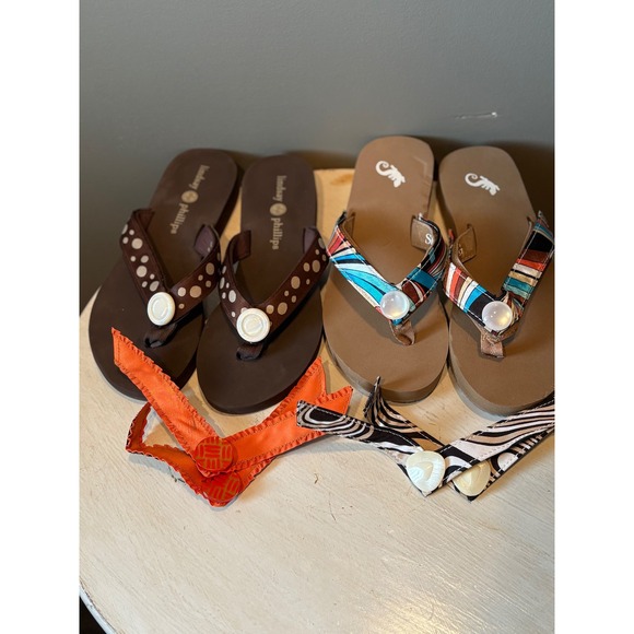 Lindsay Phillips Brown Tan Flip Flops Size 6 With Interchangeable Straps - Picture 1 of 7